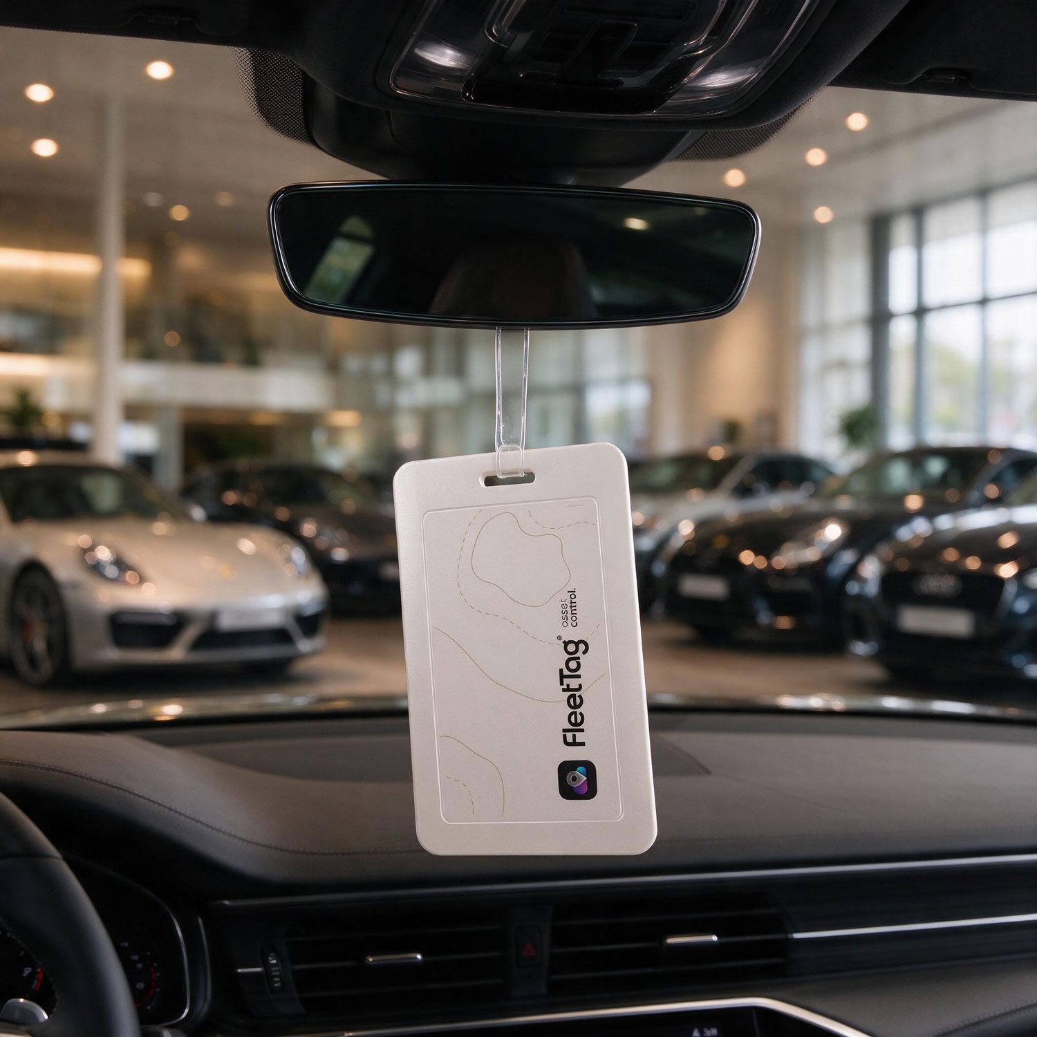 FleetTag-tag aan de binnenspiegel van een voertuig