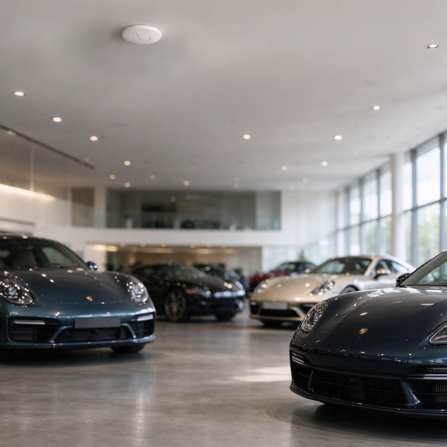 FleetTag-reader aan het plafond van een showroom