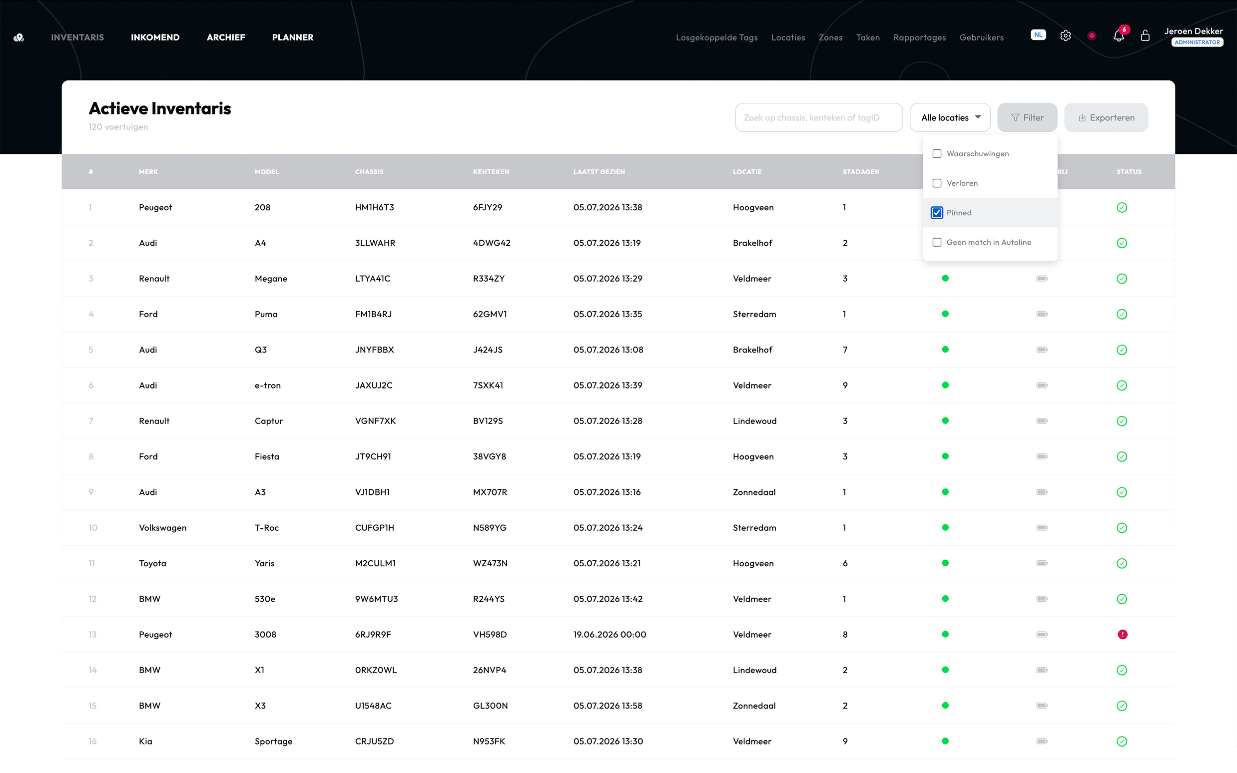Het FleetTag-dashboard met live voertuiginventaris