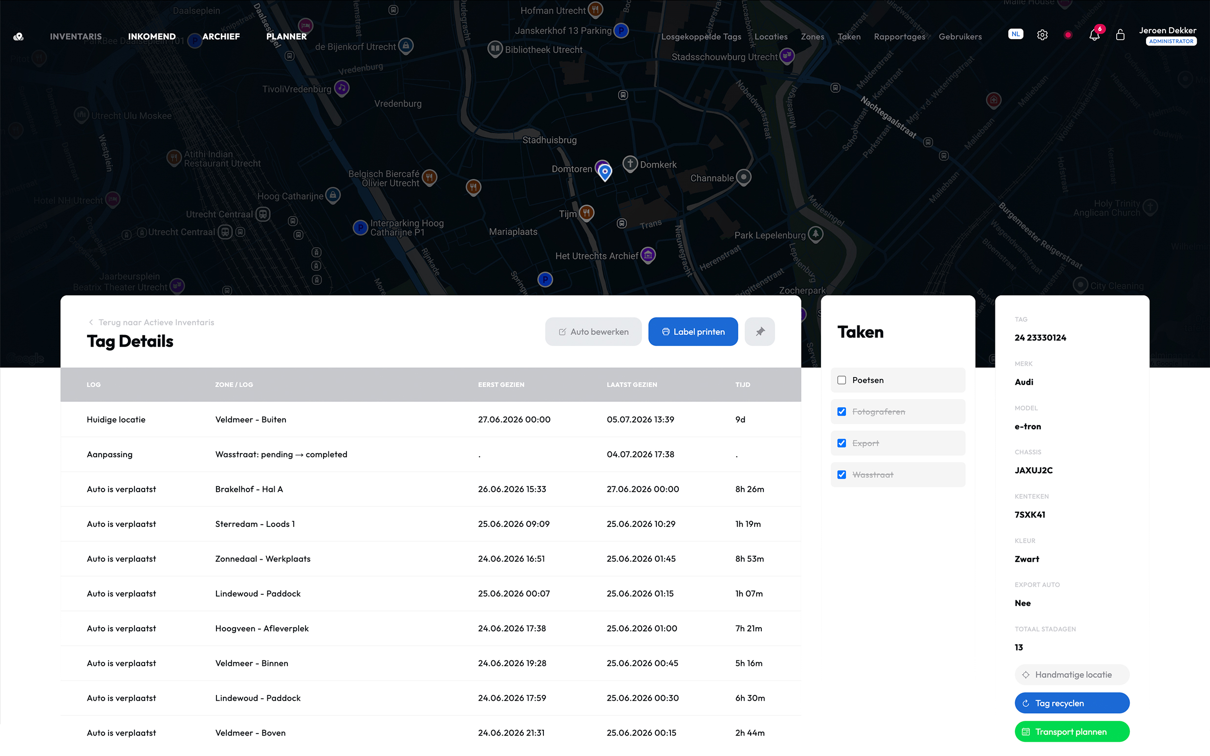 Het FleetTag-dashboard met live voertuiginventaris